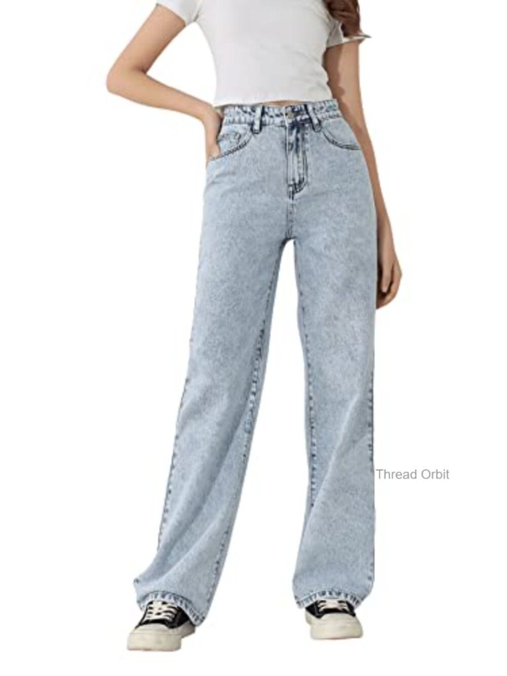 High Waisted Straight Leg Denim Jeans with Pockets
